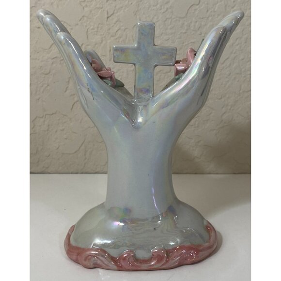 Pearl & Pink Ceramic Hands Holding Cross and Roses Flowers Christian Religious - Picture 3 of 6